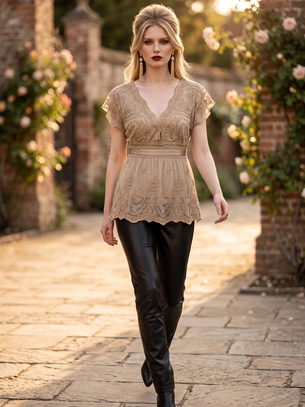 Vintage BCBGMaxAzria Taupe Lace V-Neck Peplum Blouse